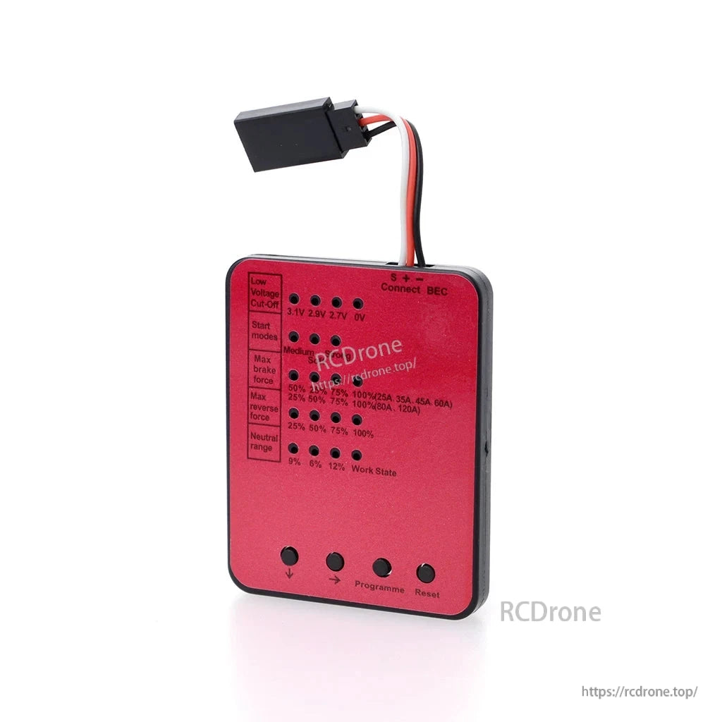 ESC programming card with settings chart and three-button control layout