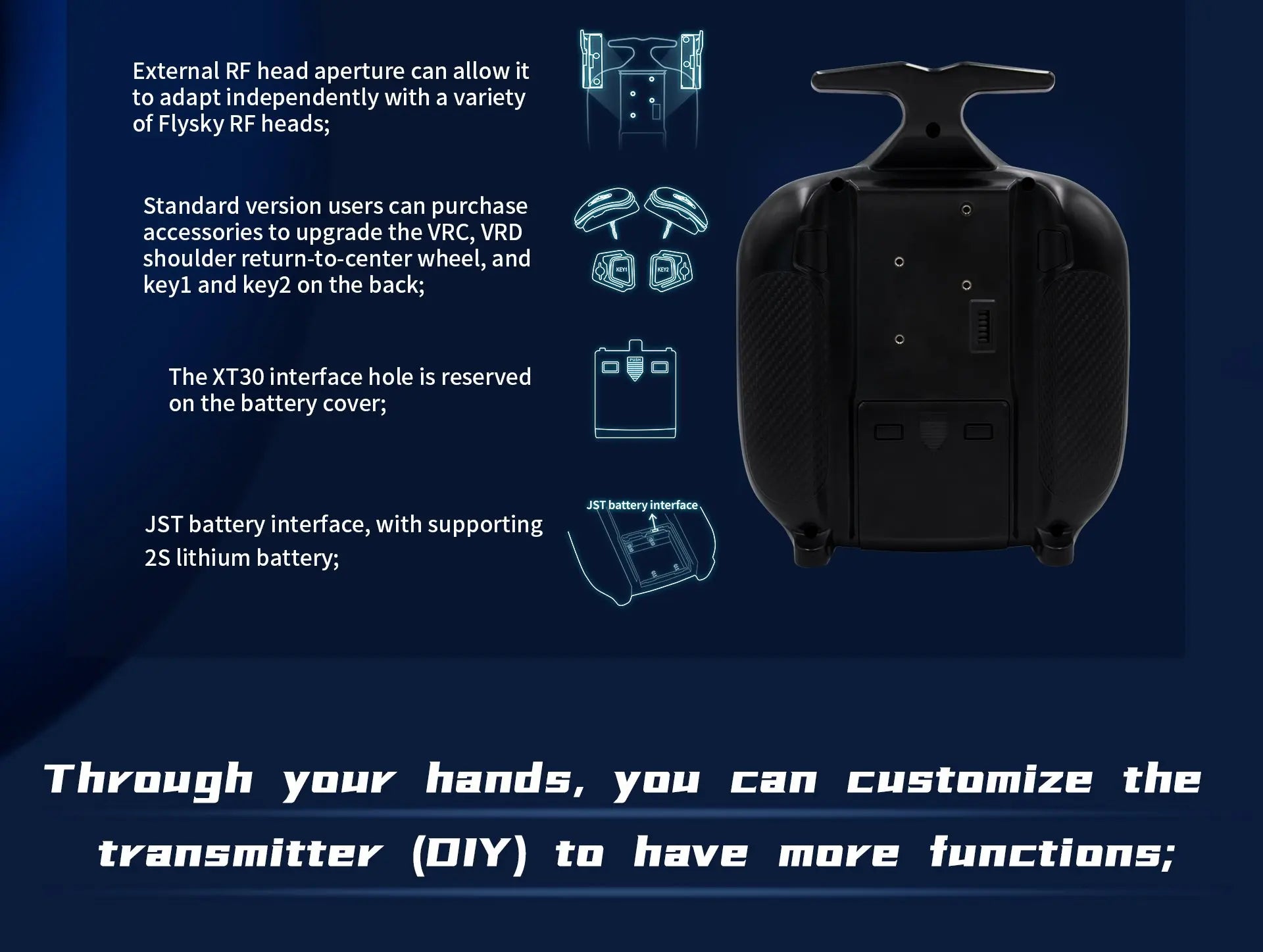 Flysky FS-ST8 Transmitter, standard version users can purchase  accessories to upgrade the VRC, VRD shoulder return-