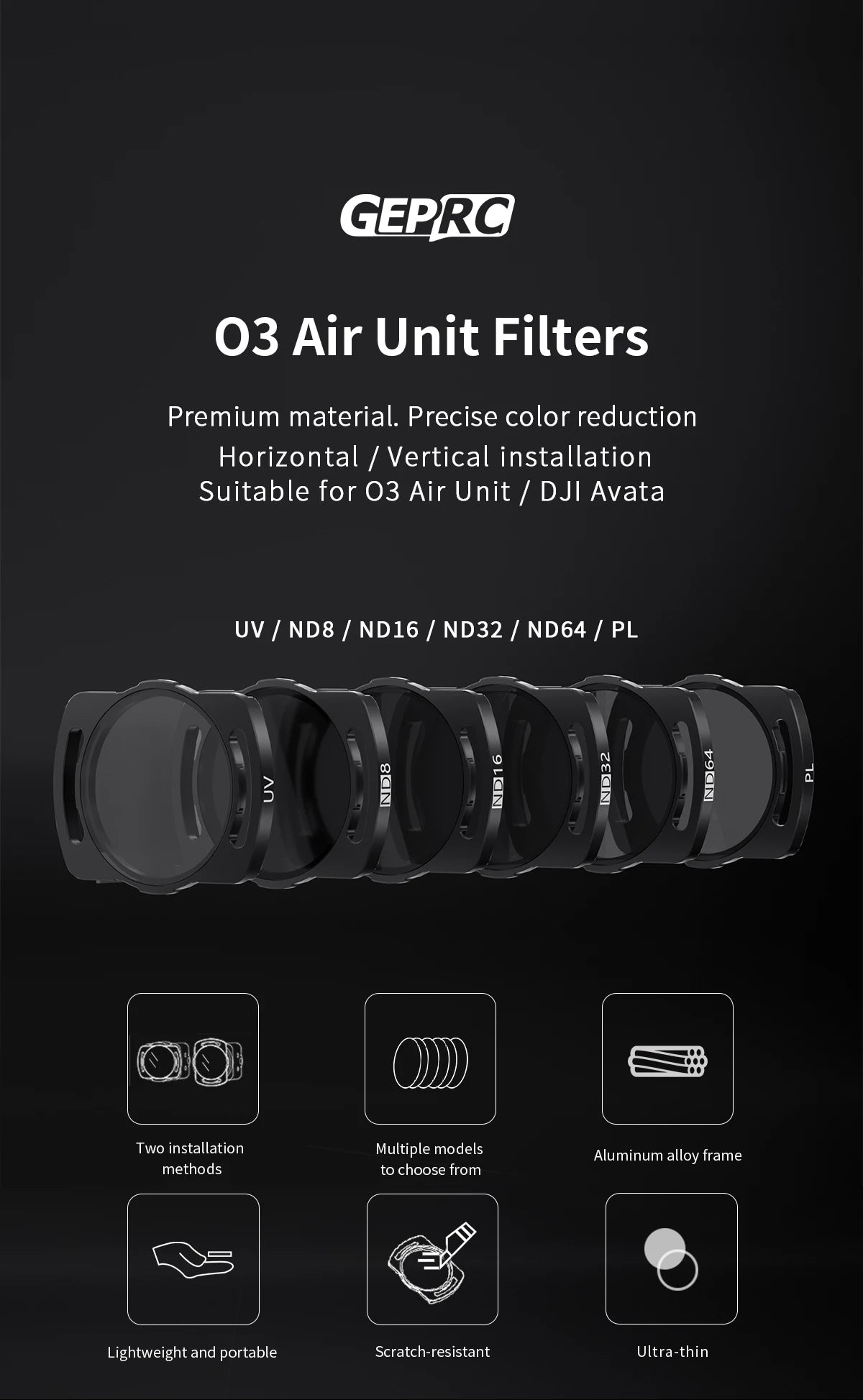 GEPRC O3 Air Unit ND Filters lens - ND8 ND16 ND32 CPL Lens Filter Set Aluminium Alloy Frame for O3 Air Black Action Camera CPL Len 19 GEPRC O3 Air Unit ND Filter, GEPRC 03 Air Unit Filters Premium material: Precise color reduction Horizontal