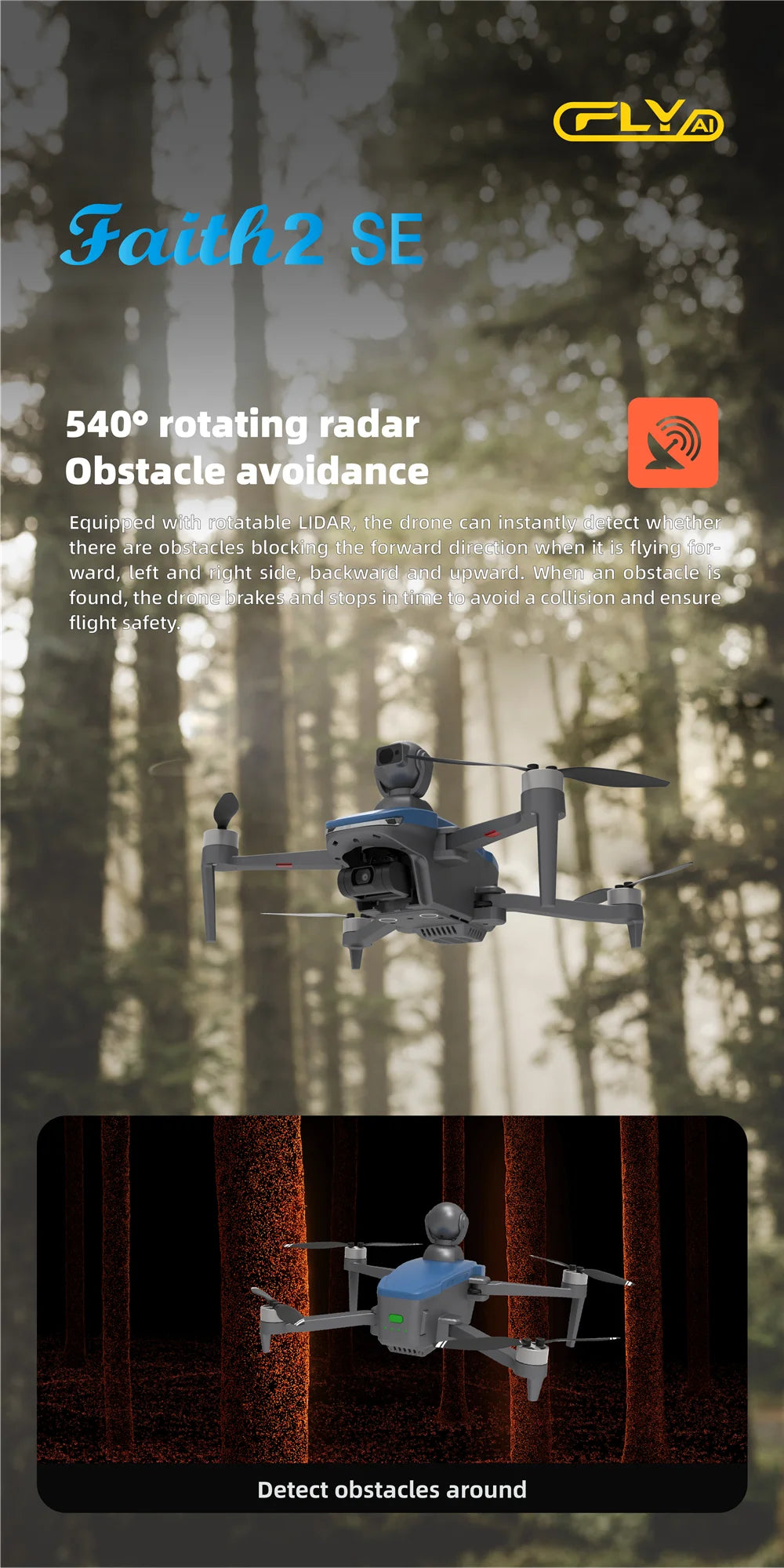 CFLY Faith2 SE Drone, rotatable LIDAR detects if there are obstacles blocking the forward direction 