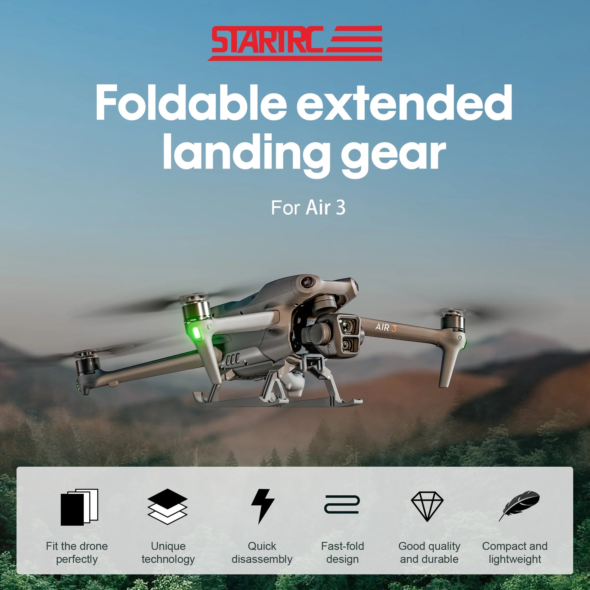 Foldable landing gear for DJI Air 3 with quick disassembly and durable construction for easy transport and protection.