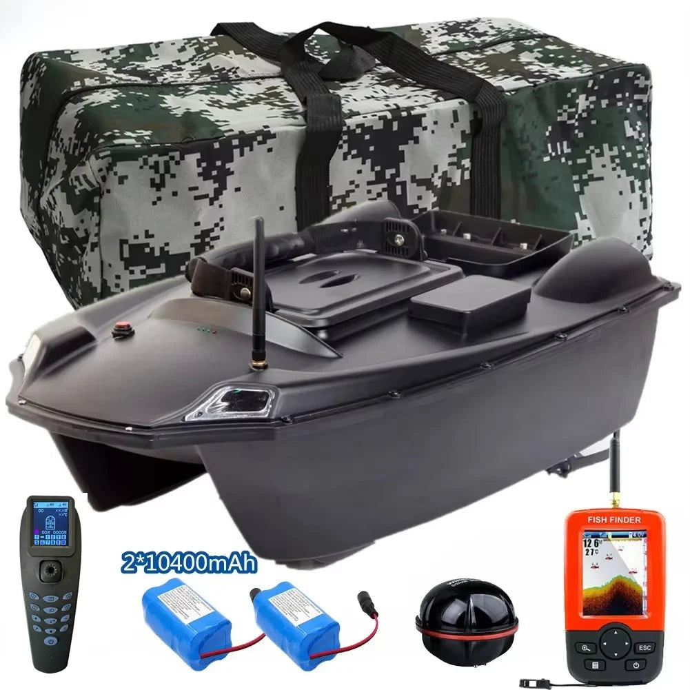 T888 GPS RC Boat, T888 GPS RC fishing boat with 3kg load, dual motors, 500m range, one-key return, two 10400mAh batteries, dual bait bins, and built-in fish finder.