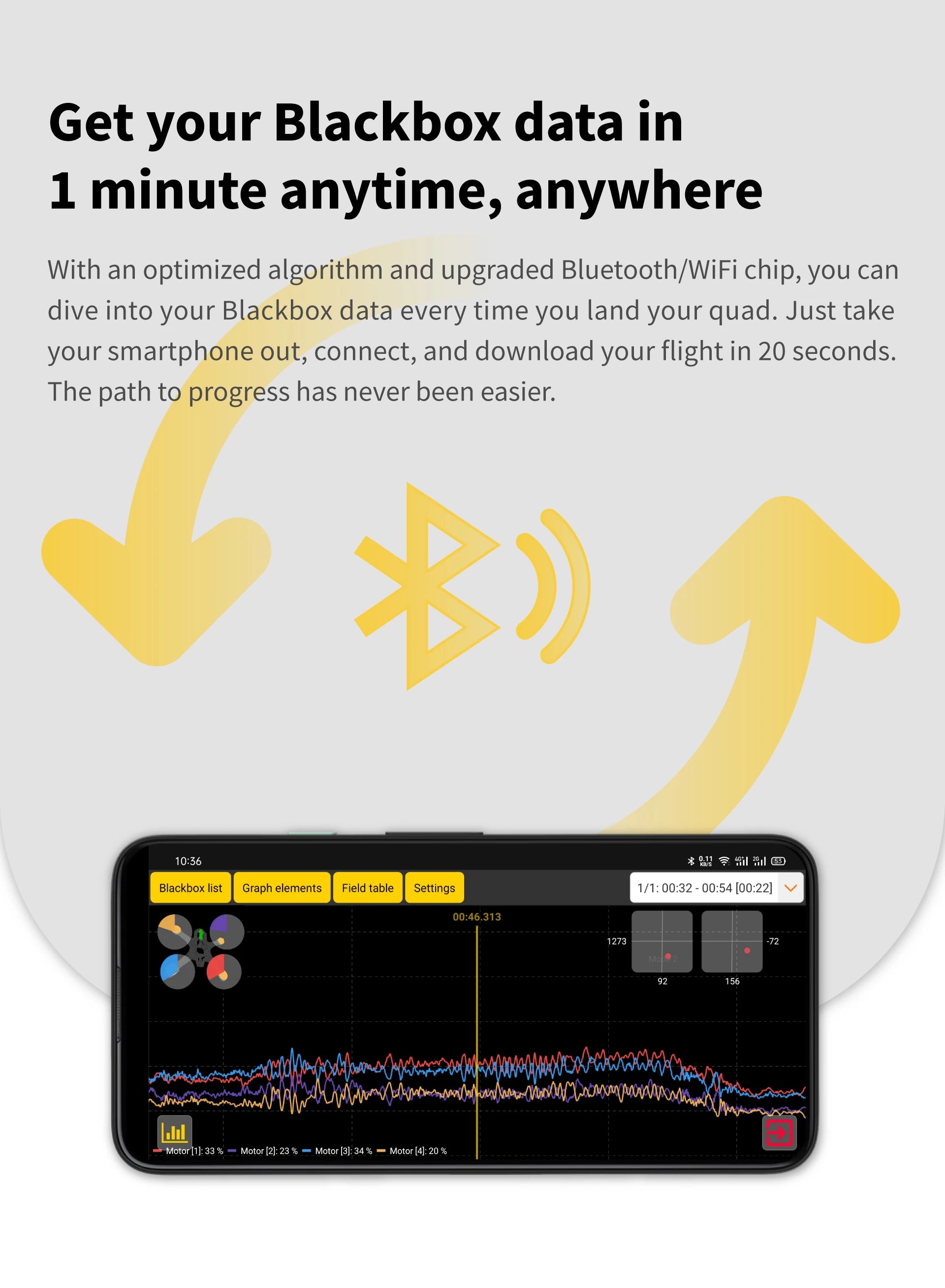 RunCam SpeedyBee F7 V3 BL32 50A 30x30 Stack iNAV Betaflight Emuflight Wireless Firmware Flasher Black Data Analyze 13 RunCam SpeedyBee F7 V3 BL32 50A 30x30 Stack, get your Blackbox data in 1 minute anytime, anywhere With an optimized algorithm and upgraded Bluetooth/