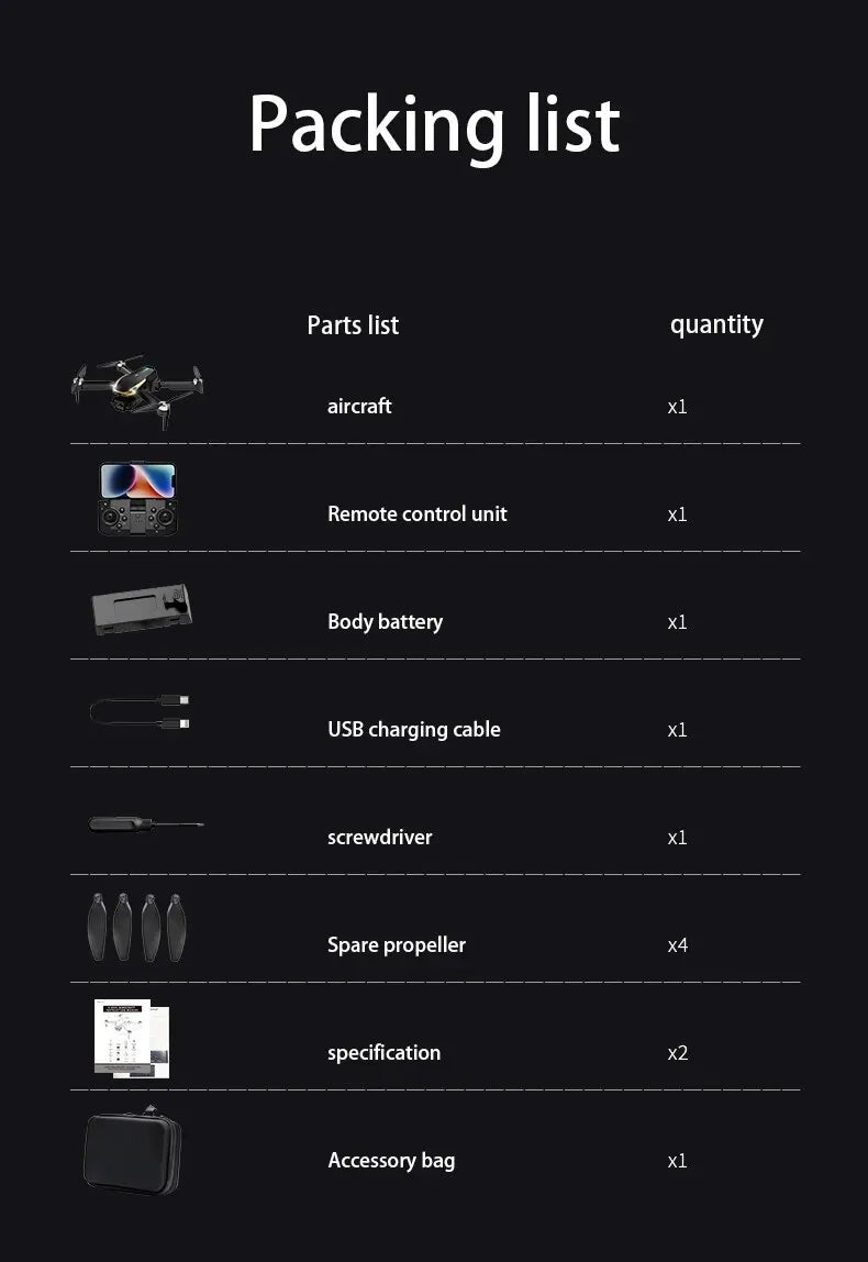 TESLA Drone, Packing list Aircraft Parts list quantity Aircraft Remote control unit Body battery USB charging cable