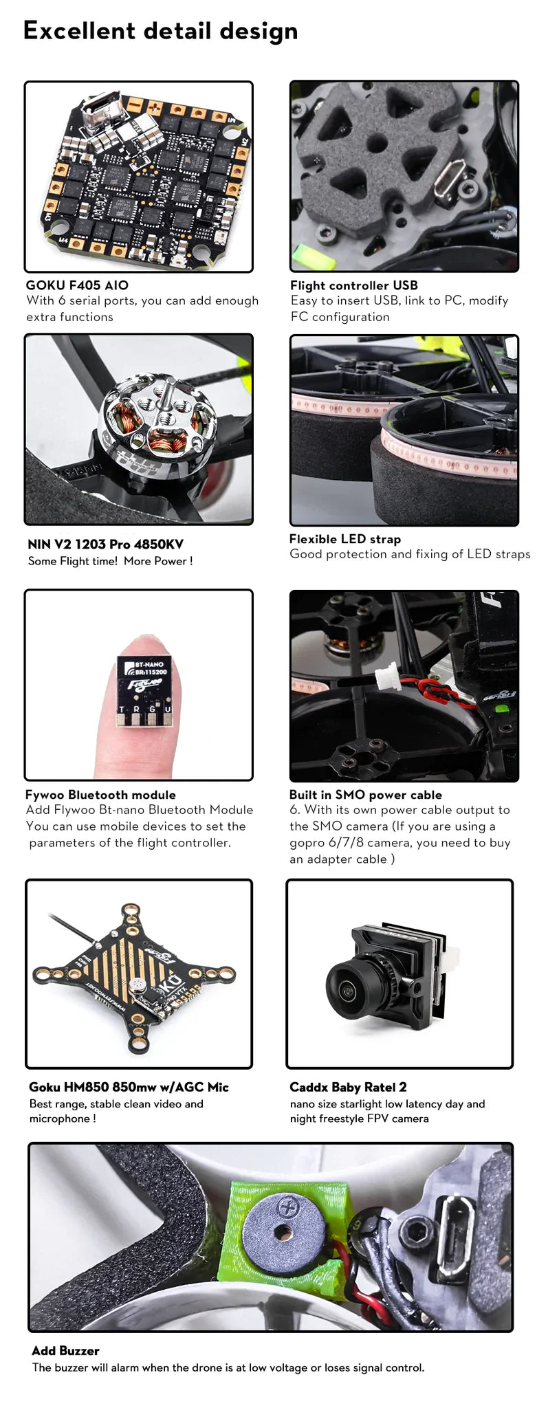 Flywoo CineRace20 V2 - Neon Led Analog Pro w/ Caddx Baby Ratel 2 FPV GOKU GN405S AIO 1203 PRO 4850KV 7 Flywoo CineRace20 V2, GOKU F405 AIO Flight controller USB With 6 serial ports; you can add