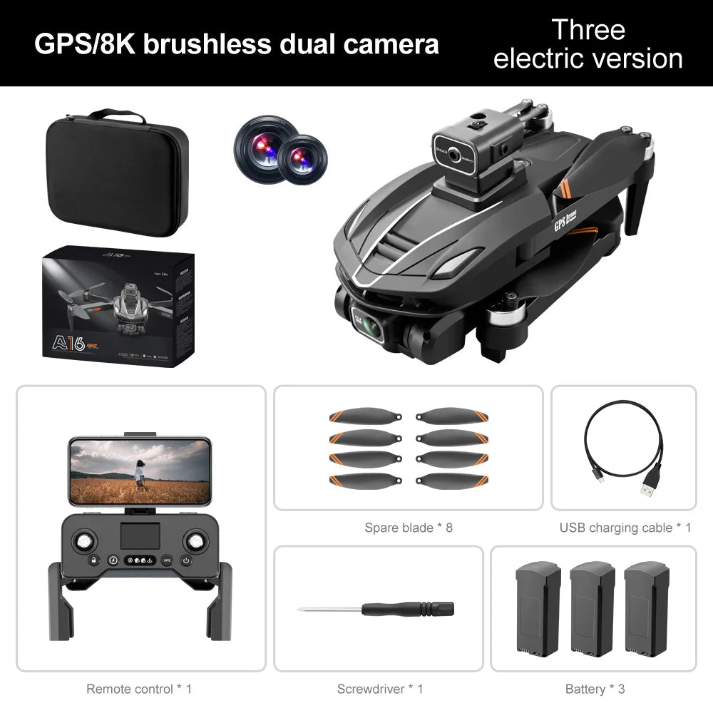 A16 PRO Drone, GPSI8K brushless dual camera electric version 2= Spare blade USB charging cable Remote