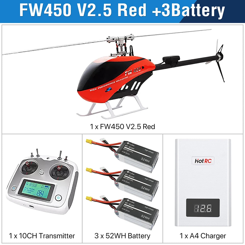 Fly Wing FW450L V2.5 RC Helicopters, FW450 V2.5 Red +3Battery 1x FW45O V2.5