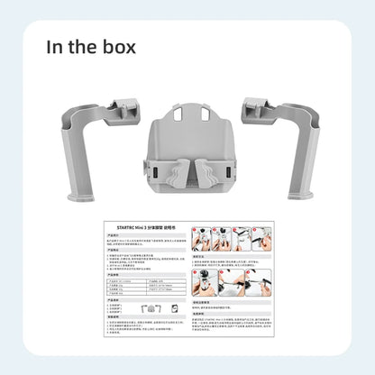 Landing Gear, Foldable landing gear extender for DJI Mini 3/Mini 3 Pro, adds 15mm height, includes protective feet, installation guide, and specs.