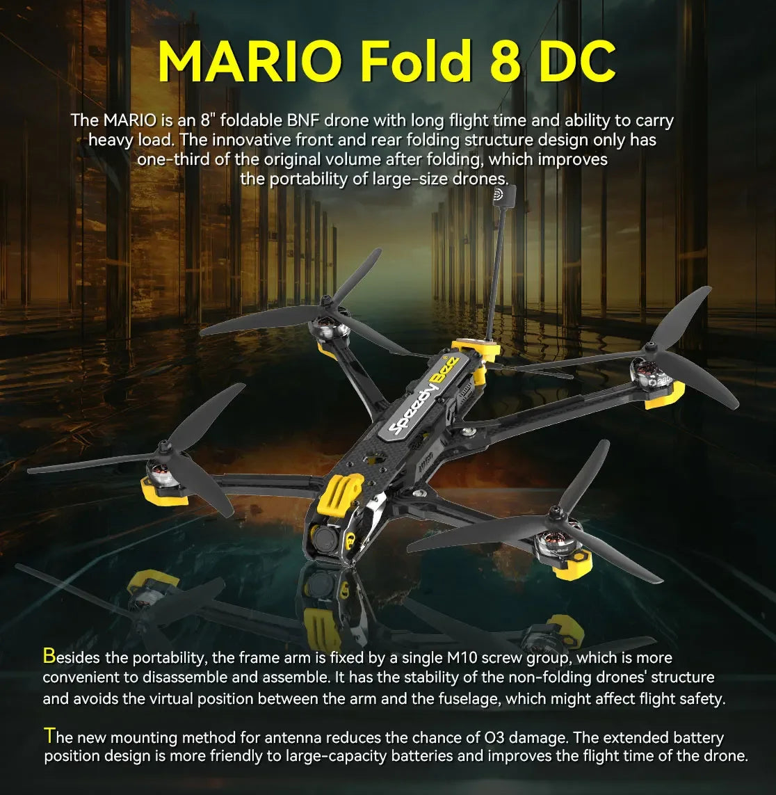 SpeedyBee Mario Fold 8 DC 8 Inch FPV, The SpeedyBee Mario Fold 8 DC is an innovative, portable BNF drone with long flight time, heavy load capacity, and stability.