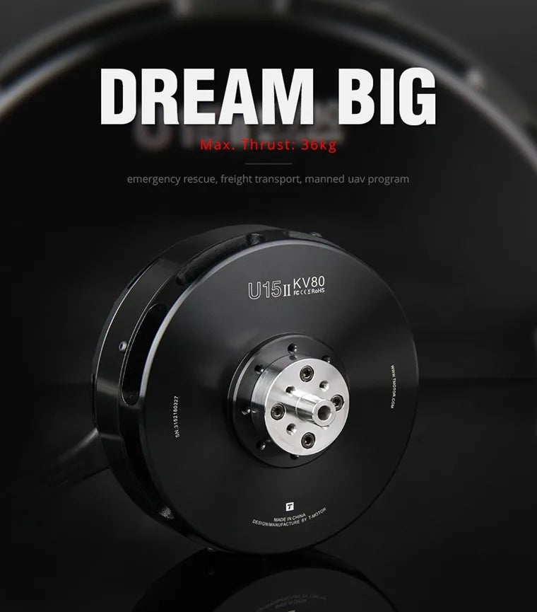 T-MOTOR U15 II KV100 Brushless Motor - 12-24S Max Thrust 36KG Outrunner Waterproof for Freight Transport UAV Multi-copter Drone 6 T-MOTOR, manned uav program U15uKvso Dtsen N