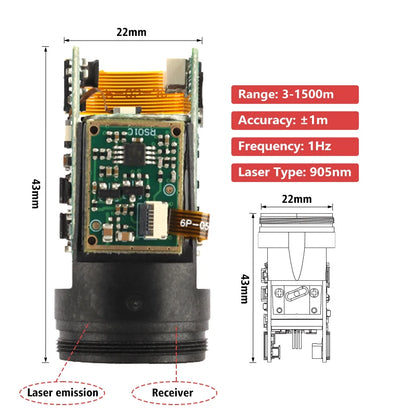 Meskernel TC22-300 Laser Distance Sensor, Laser distance sensor: 3-1500m range, ±1m accuracy, 905nm wavelength, 1Hz frequency, compact 22x43mm size.