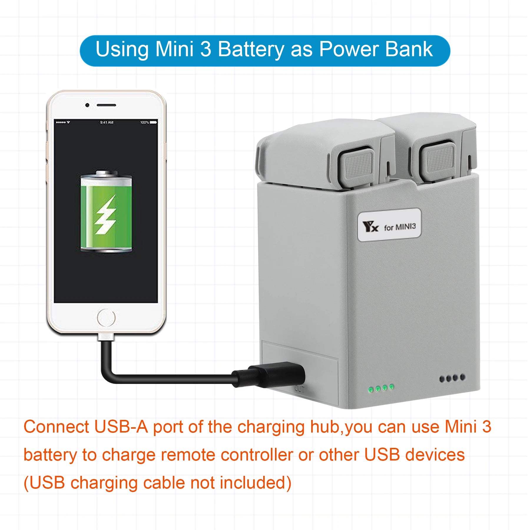 Using Mini 3 Battery as Power Bank for MINI3 Connect USB-A port of the charging