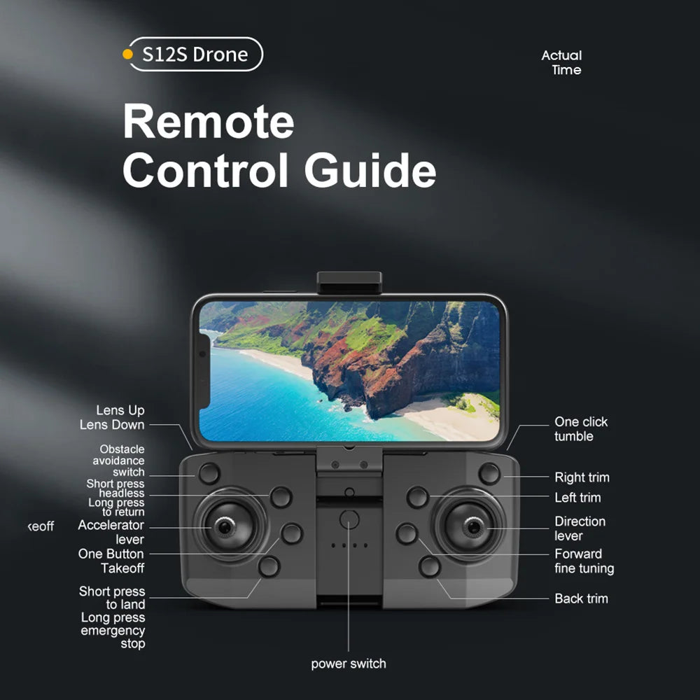 Control your S12 Drone with ease using actual time remote control for various functions.