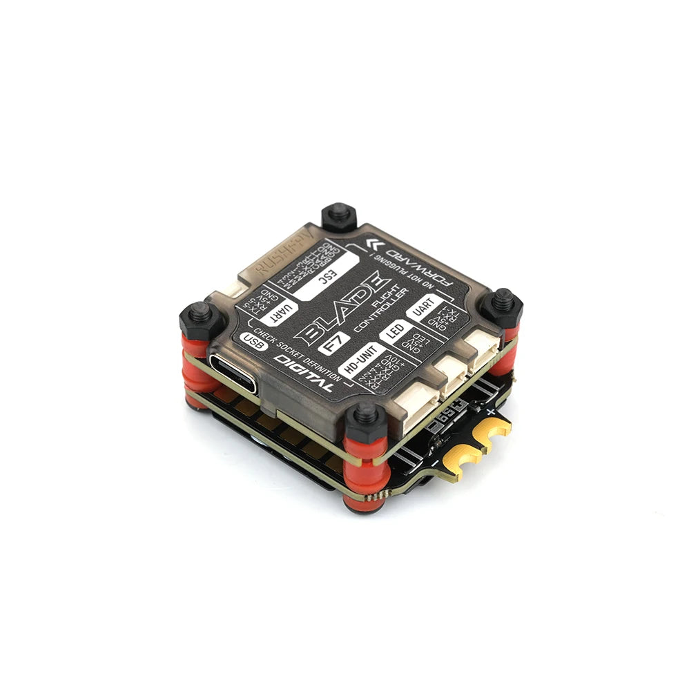 RUSHFPV RUSH BLADE V2 Stack, High-performance FPV drone components: F722 flight controller and 60A 4in1 ESC for fast and reliable flying.