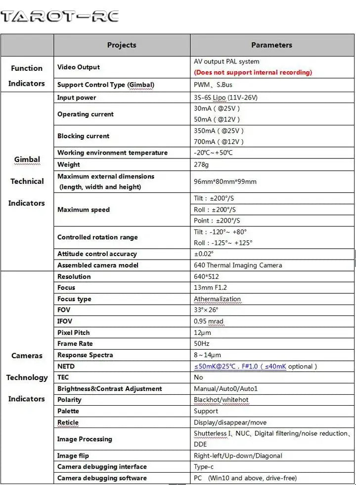 Tarot 3 Axis Brushless Gimbal, TLROTFRC Projects Parameters AV output PAL system Function Video Out