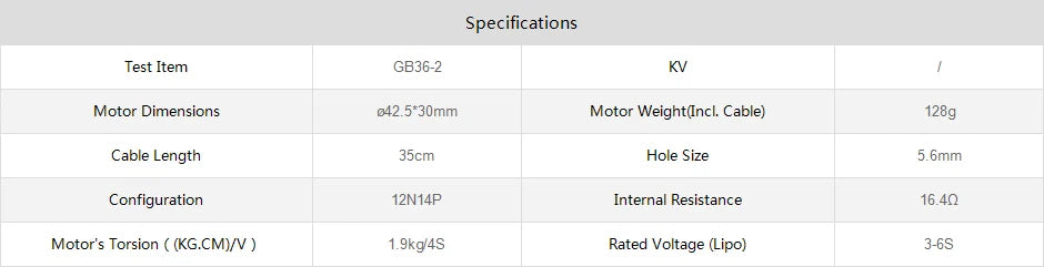 T-motor, Specifications Test Item GB36-2 Motor Dimensions 042.5*30mm Motor Weight