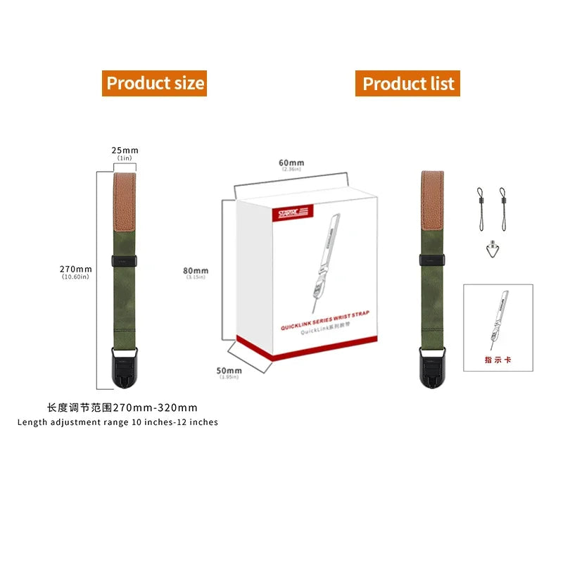 STARTRC Pocket 3 Wrist Strap, Adjustable 270-320mm wrist strap for action cameras features quick release, includes accessories and packaging.