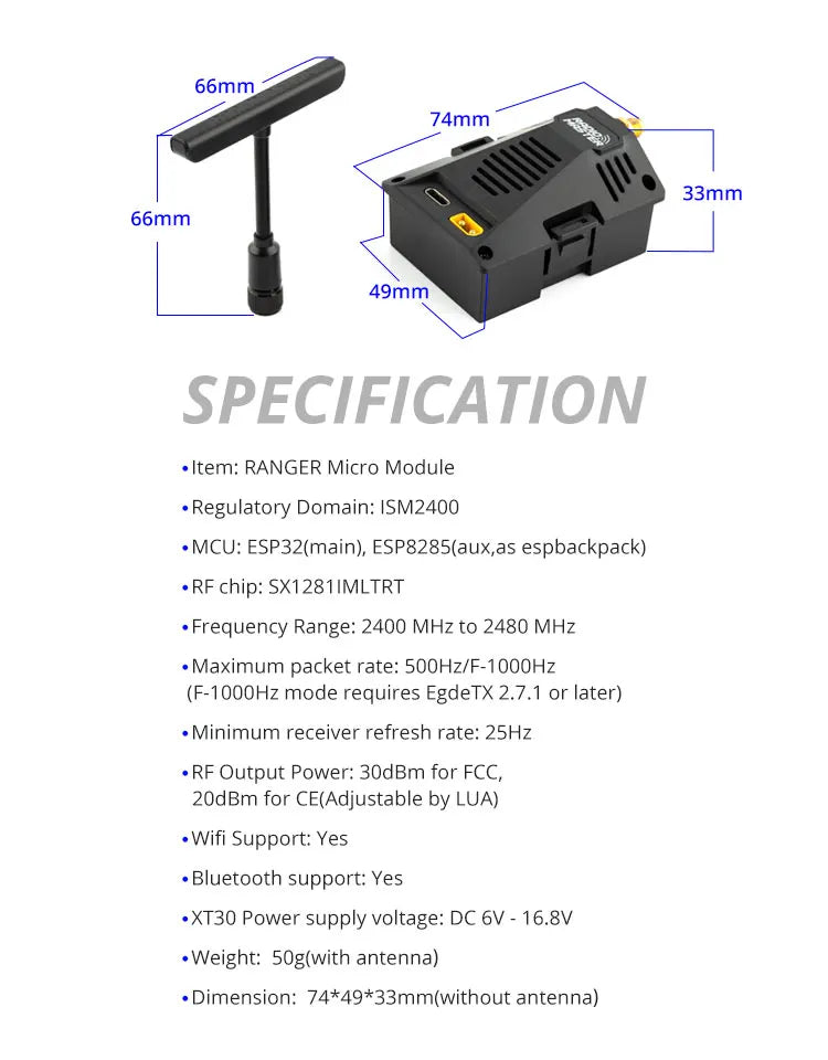 RadioMaster Ranger Micro 2.4GHz ELRS Module Combo Set for TX16S TX12 MKII 10 RF chip: SX1281IMLTRT #Frequency Range: 2