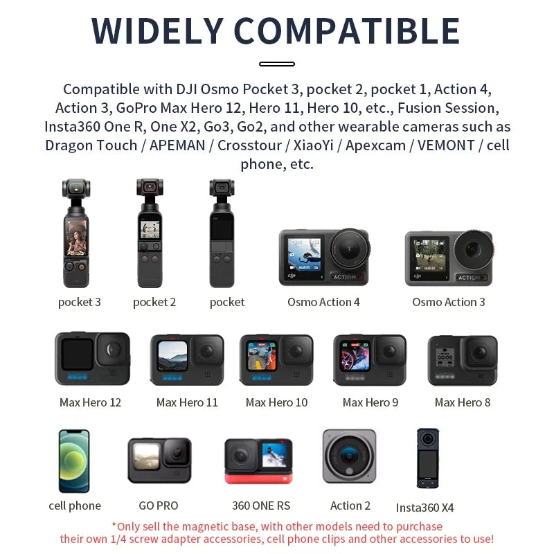 Compatible with DJI, GoPro, Insta360, and other wearable cameras. Magnetic base sold separately; some devices require additional adapters.