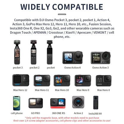 Compatible with DJI, GoPro, Insta360, and other wearable cameras. Magnetic base sold separately; some devices require additional adapters.
