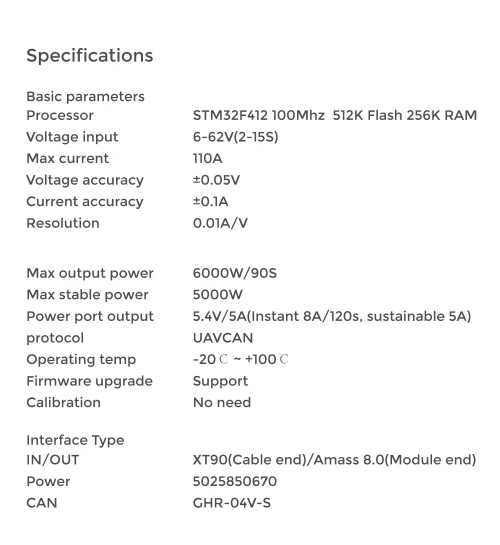 CUAV New PIX CAN PMU, Specifications Basic parameters Processor STM32F4I2 IOOMhz