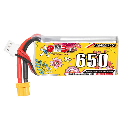 High-performance LiPo battery with 650mAh capacity and 120C/240C discharge rate for drone use.