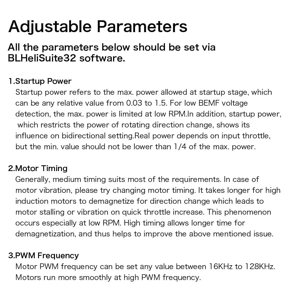 T-MOTOR F35A ESC, BLHeliSuite32 software should be used to adjust the following parameters .