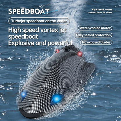 RC Boat, High-speed RC turbojet speedboat featuring water-cooled motor, LED lights, and remote control for enhanced performance and visibility.