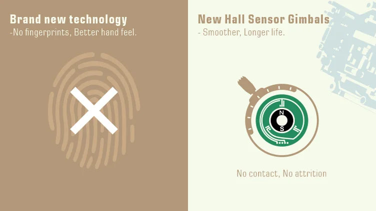 Hall Sensor Gimbals No fingerprints, Better hand feel. Smoother;