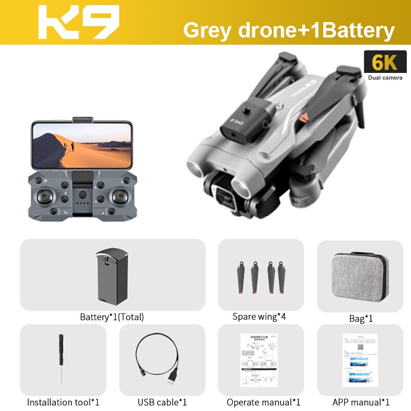 K9 RC Drone, KD Grey drone+1Battery 6K Dual camera Battery"