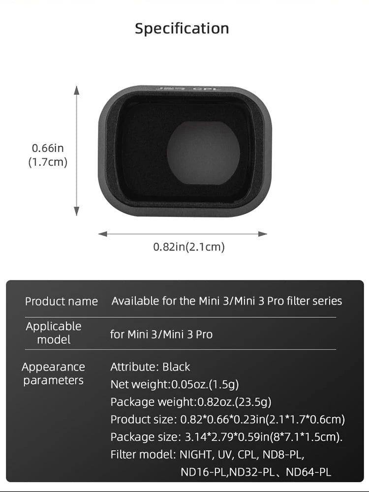 UV CPL ND8 Lens Filters For DJI MINI 3 PRO, Specification: 0.66in (1.7cm) 0.82in(2.Icm