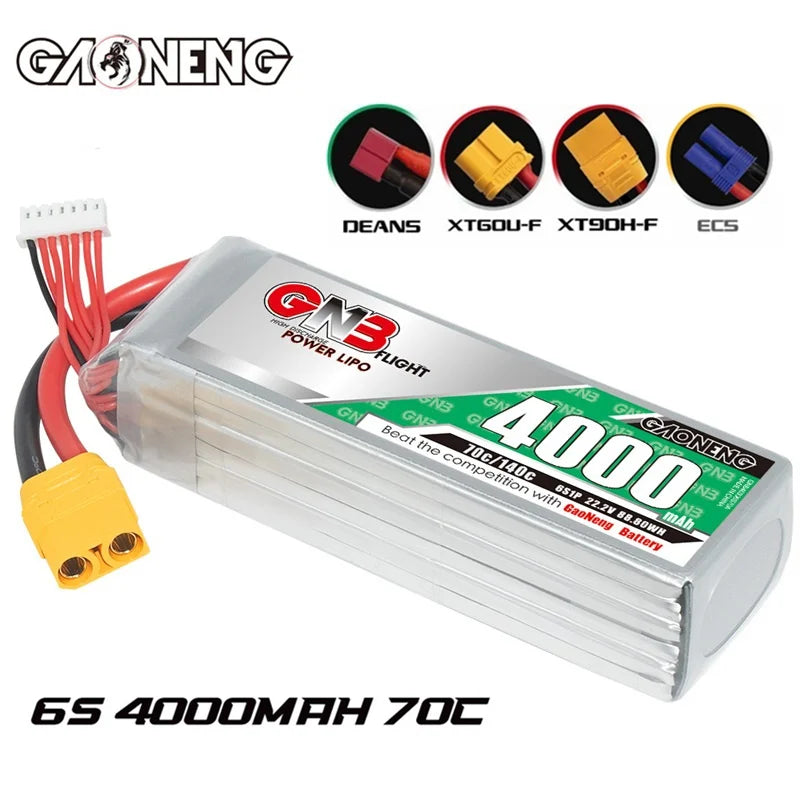 GaoNeng GNB 6S 22.2V 4000mAh 70C/140C Lipo Battery, Lithium-ion battery for FPV drones with high-quality components and 70C/140C discharge rate.