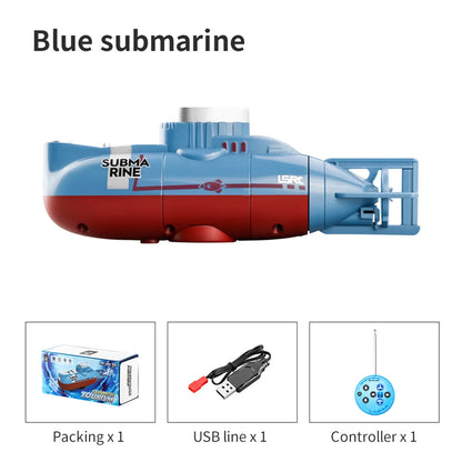 RC Boat, Blue RC submarine: 6-channel, waterproof, 0.1m/s speed, 23–25 min runtime, 35 min charge. Includes packaging, USB cable, and controller.