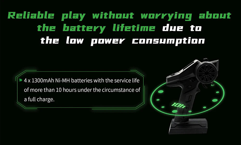 4x 130OmAh Ni-MH batteries with the service life of more than 10 hours under