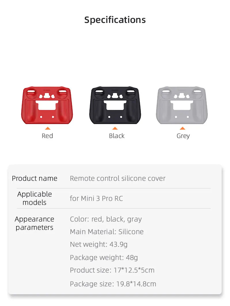 Specifications Red Black Grey Product name Remote control silicone cover Applicable for Mini 3 Pro 