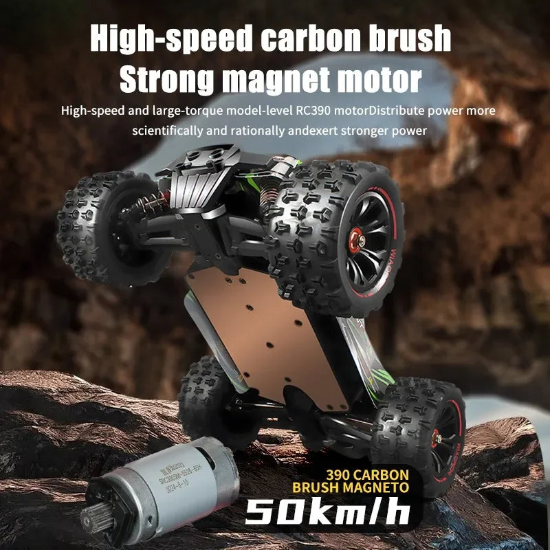 1:16 4WD RC Car, High-speed carbon brush motor, strong magnet, 390 RC390, 50km/h, brushed magneto, metal drivetrain, LED, 4WD, 1:16 scale.