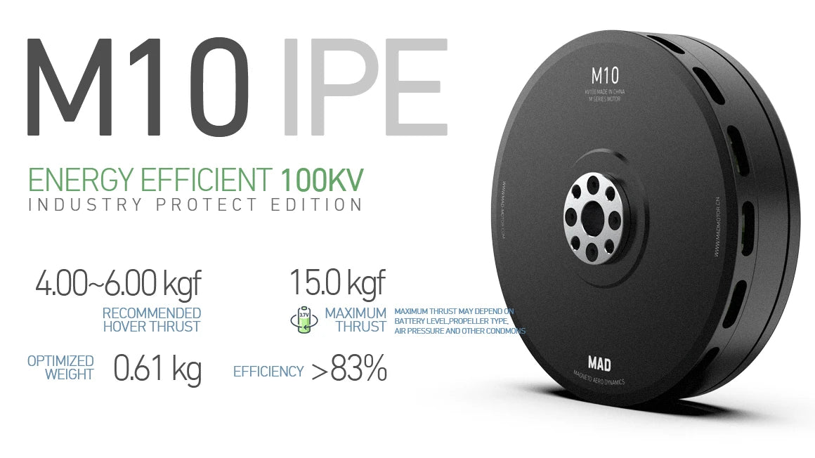 MAD M10 IPE Drone Motor: Energy Efficient, brushless, paragliding & paramotor motor with high efficiency (83%) and light weight.