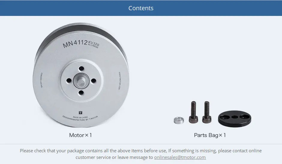 T-MOTOR, if something is missing, please contact online customer service or leave message to onlinesales@
