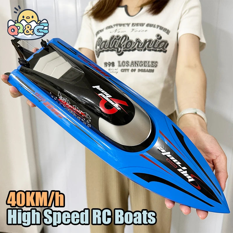 RC Boat, High-speed 40KM/h RC boat with 2.4G control, waterproof design, self-righting feature, and 7.4V 1800mAh battery for extended runtime.
