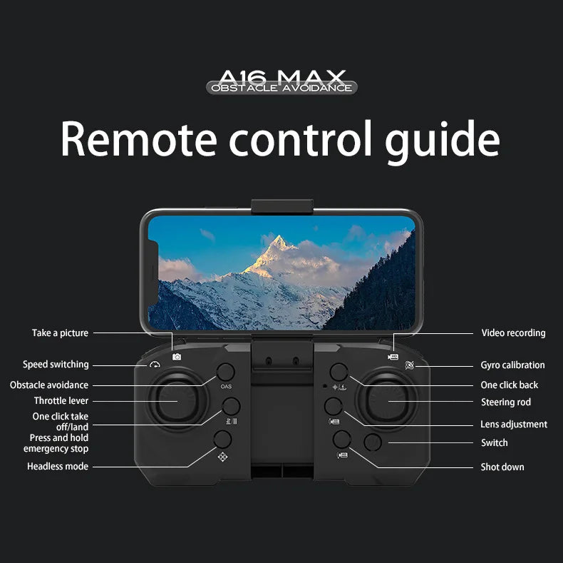 A16 MAX Drone, a16 max obstacle avoidance remote control guide take picture video recording