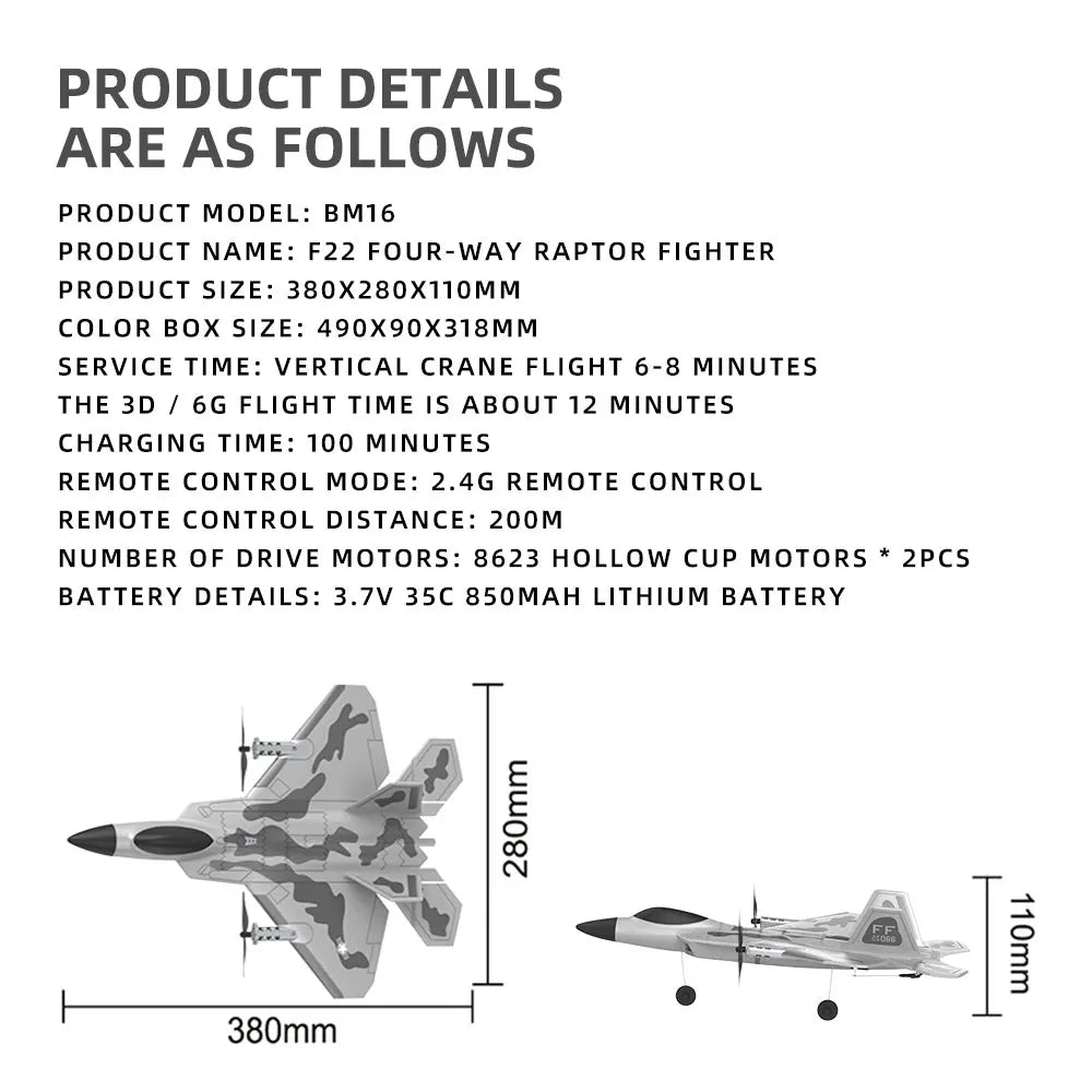 BM16 F22  RC Foam Plane, F22 FOUR-WAY RAPTOR FIGHTER PRODUCT NAME: F