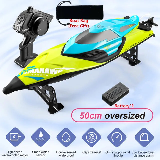 Tccicadas 50CM RC Boat, High-speed 50cm RC boat with water-cooled motor, dual waterproofing, capsize reset, smart alarm, 2.4G remote, and included battery for reliable, fun performance.