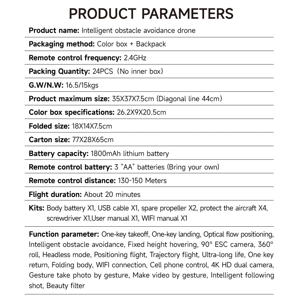 QJ F184 Drone - 4K Dual Camera WiFi FPV One Button Obstacle Avoidance Smart Follow 360° Quadcopter RC Helicopter Toy Gifts 32 QJ F184 Drone, qj f184 drone features wi-fi and