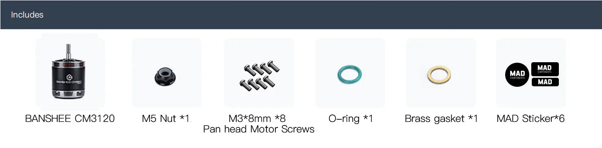 MAD CM3120 BANSHEE Brushless Motor, Brushless motor kit with accessories for hobby projects.