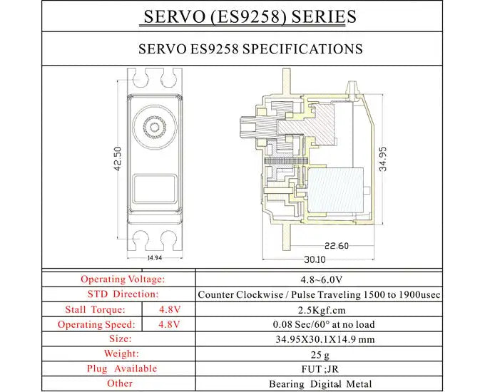 EMAX ES9258 Rotor Tail Servo, SERVO ES9258 SERIES 22.,60 14.54 30.10 Operating