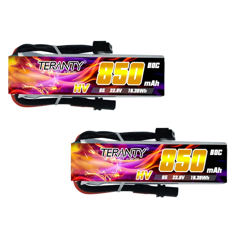 Teranty 6S HV 22.8V 850mAh 80/160C Lipo Battery, High-voltage, high-capacity lithium polymer battery designed for fast-paced FPV racing.