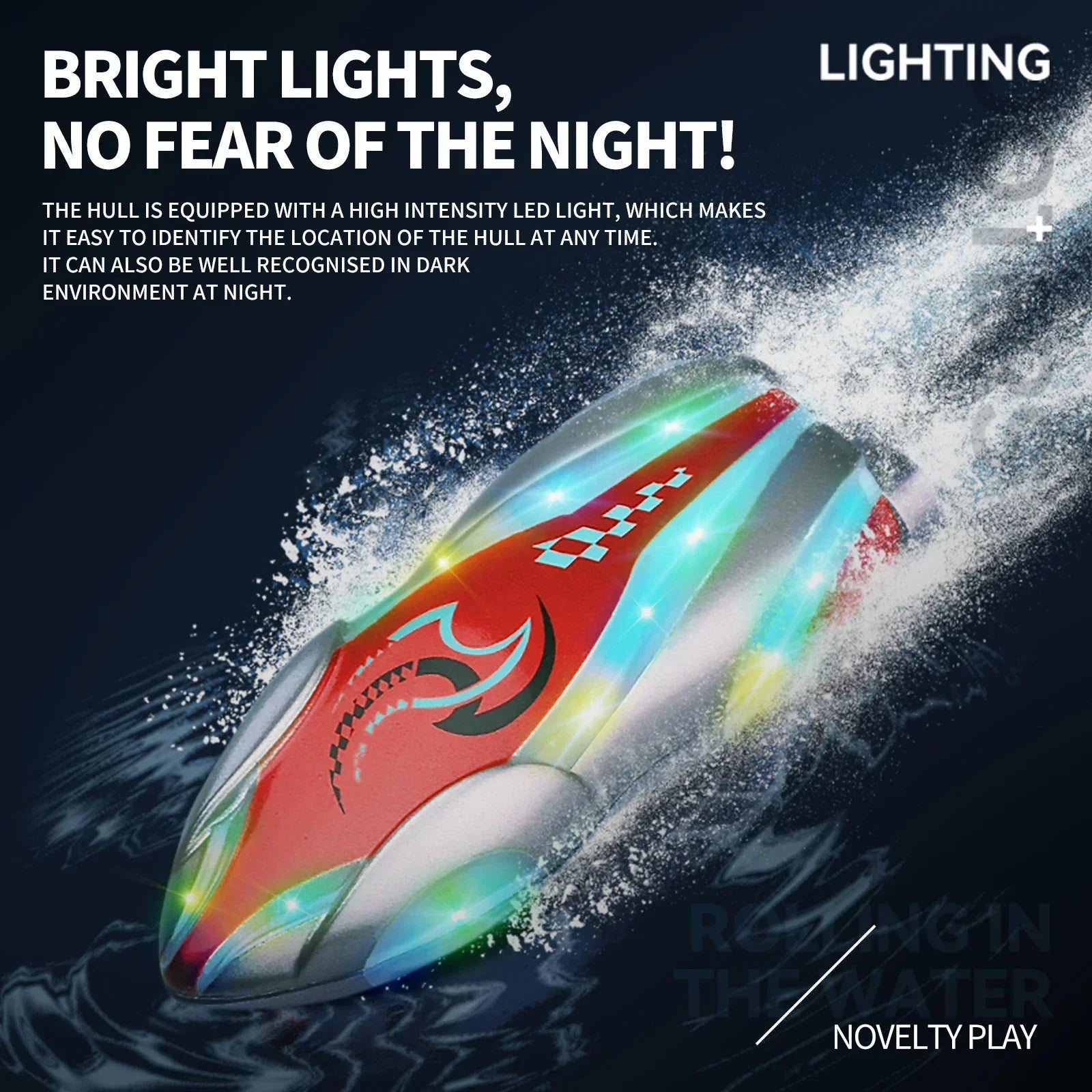 Mini Remote Controlled Boat, This RC boat has bright LED lights, 360-degree rotation, and a 15-meter range, offering safe, fun aquatic play in pools or bathtubs with vibrant design and dynamic performance.