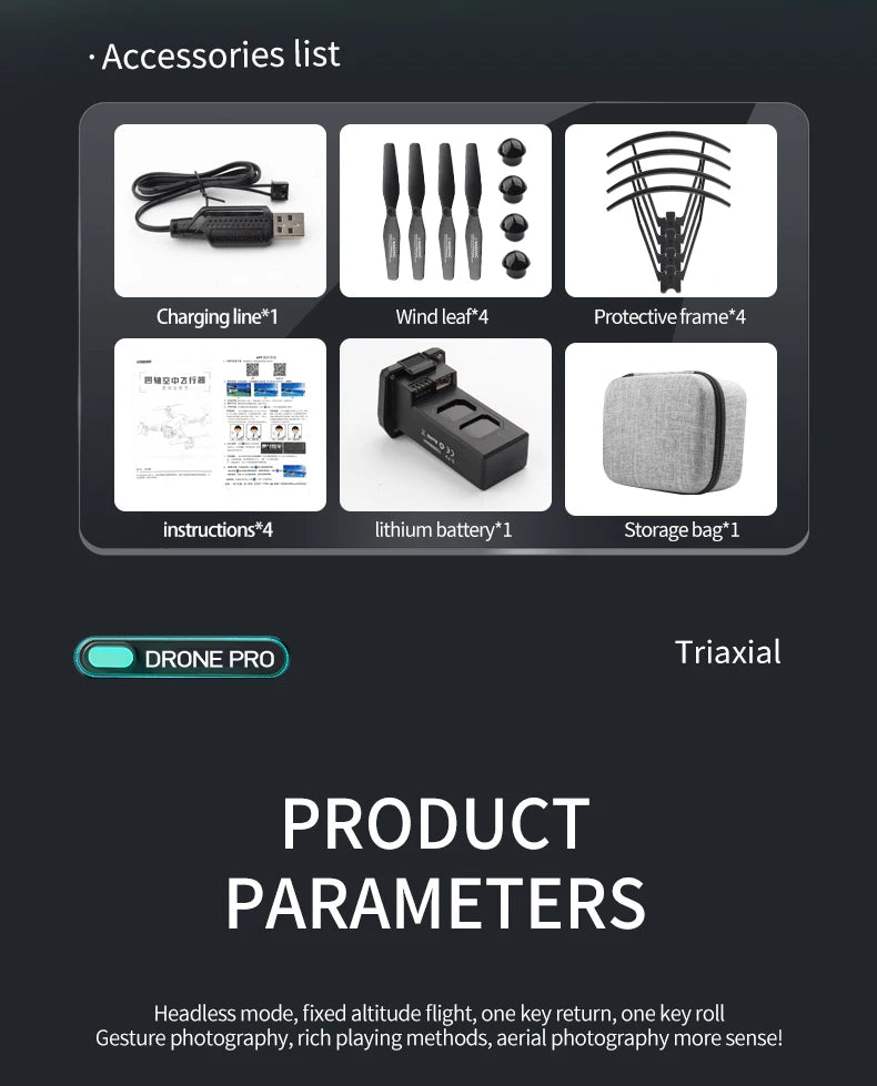 S186 Drone, drone pro triaxial product parameters headless mode; fixed altitude flight