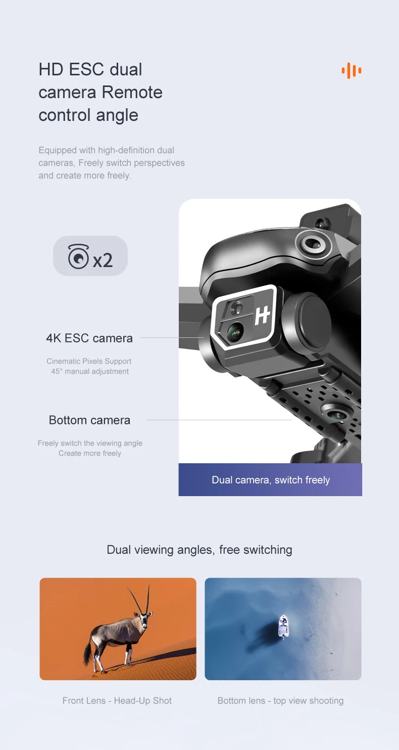 Q7 Drone, x2 4k esc camera cinematic pixels support 45"