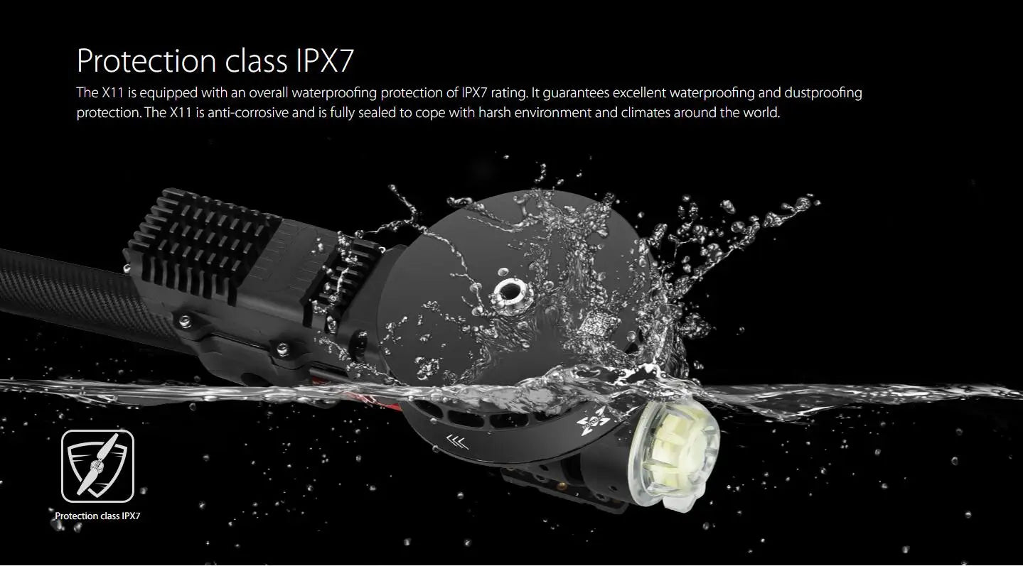 Hobbywing X11 MAX Motor, protection class IPXZ The X11 is anti-corrosive and is fully sealed